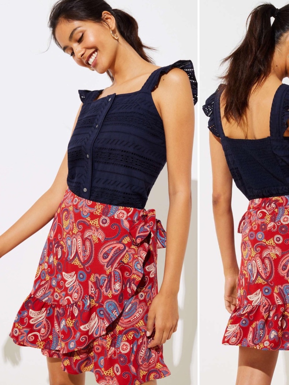 LOFT Red Floral Paisley Ruffle Wrap Skirt 8 NWT